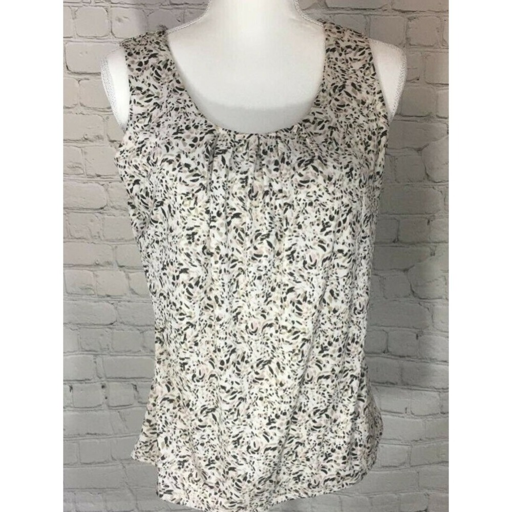 Chico's Travelers Women Blouse Print Size 0 White Tan Black Tank Pintuck Scoop